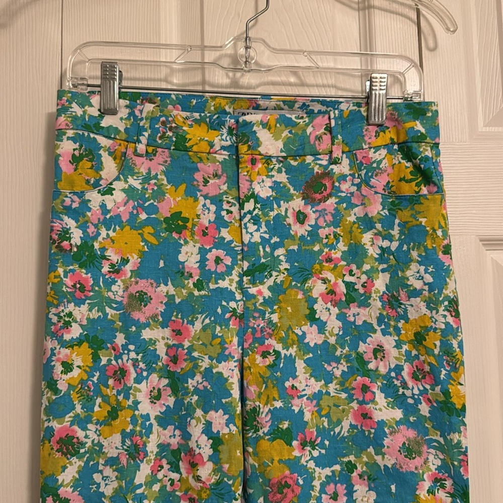 Zara Floral Linen Blend Kick Crop Pants Women’s size 02 Summer Spring Resort K1 - Picture 2 of 6
